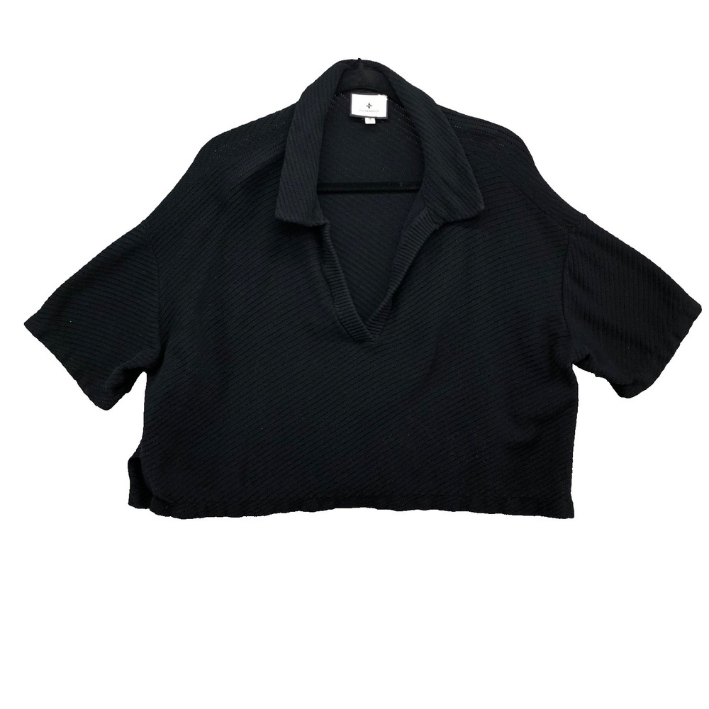 Tuckernuck Cropped Knit Pull Over Top Womens Medium Black Short Sleeve Beachy‎